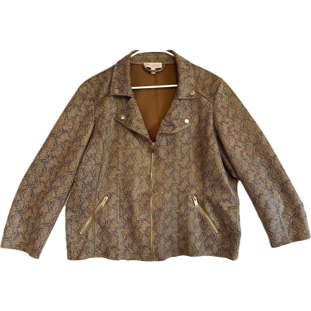 PHILOSOLPHY Faux Leather Lightweight Career Jacket Women's 1X Camel Black Snake